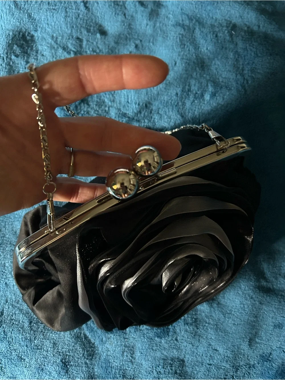 Black Satin Rose Applique Evening Clutch with Chain